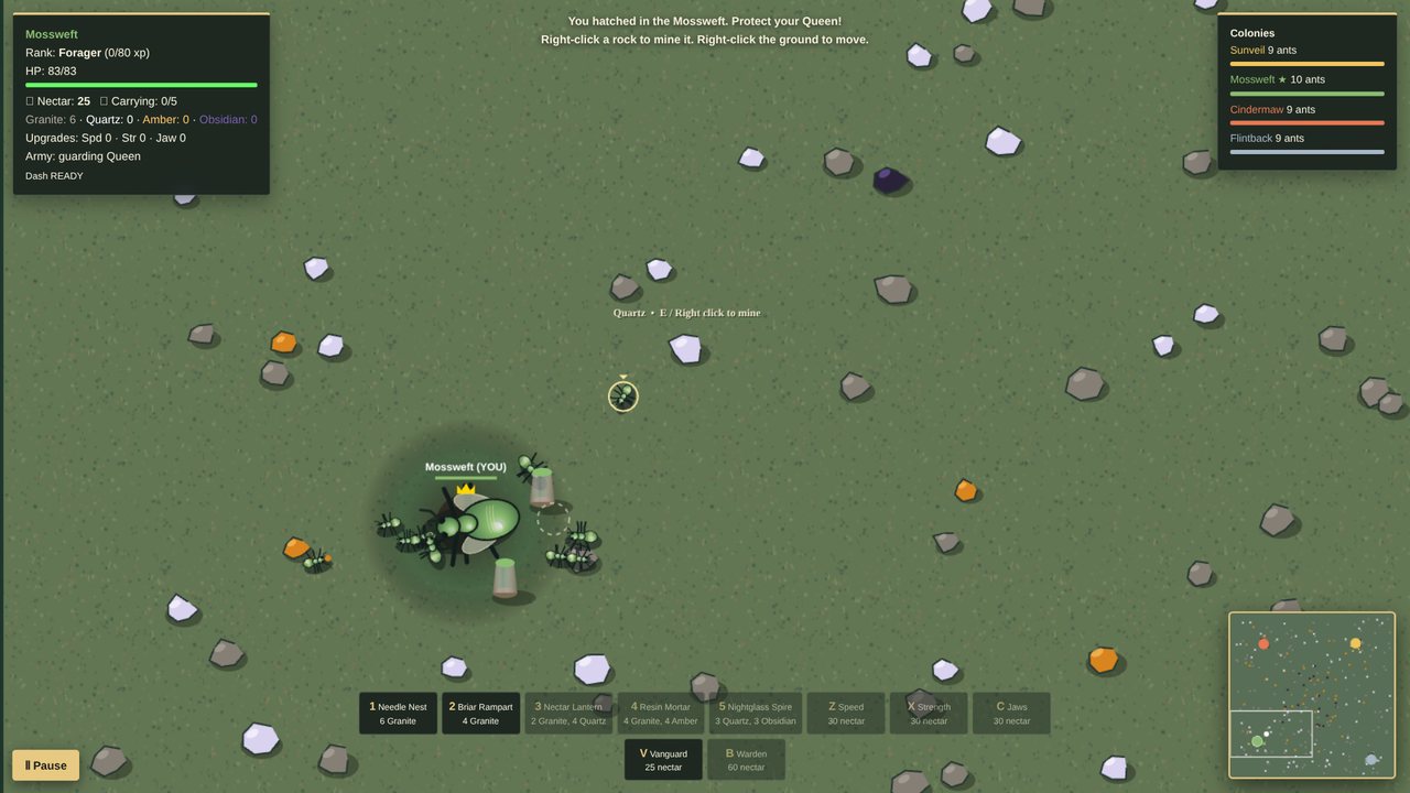 UNDERROOT: The Four Broods gameplay – Mossweft ant colony gathering around the crowned queen