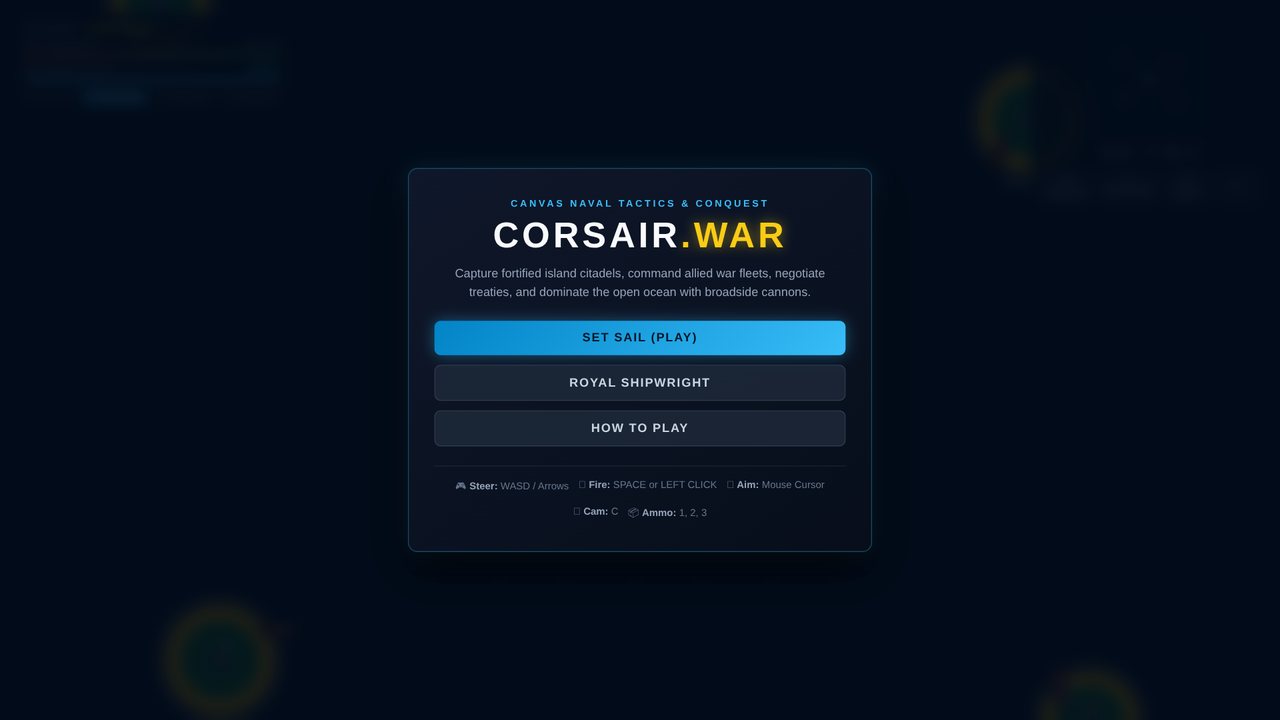 CORSAIR: Age of Conquest main menu – Set Sail, Royal Shipwright and How to Play