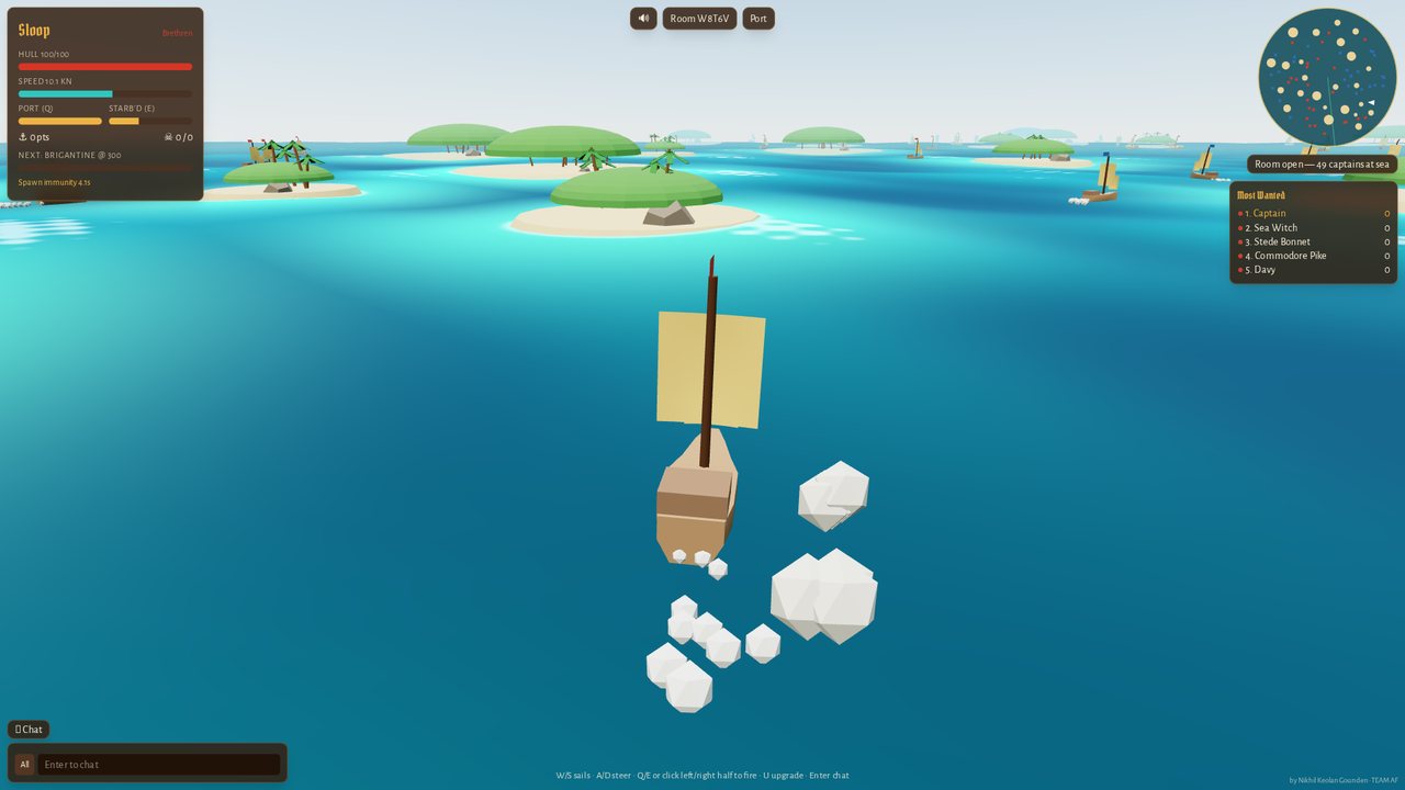 CORSAIR: High Seas gameplay – pirate sloop firing a cannon volley on a turquoise tropical sea