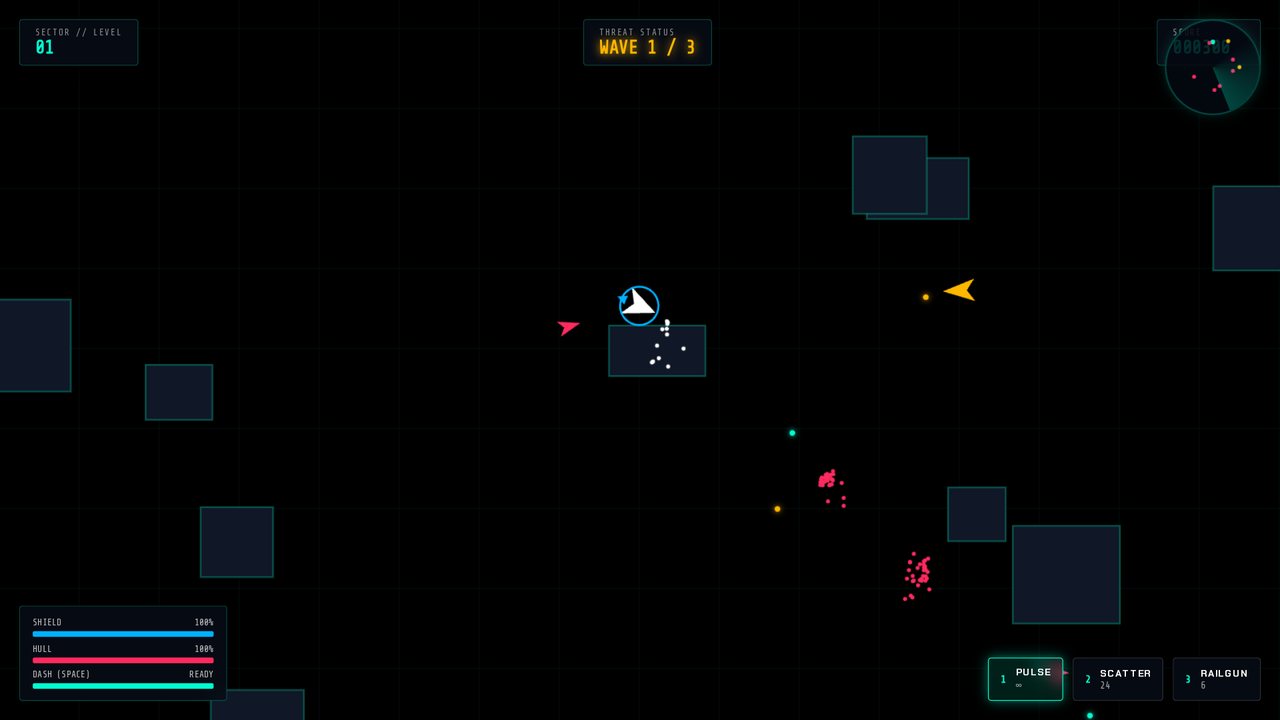 CYBER-PROTOCOL: ZERO gameplay – agent ship firing pulse shots at red synthetic drones in wave 1