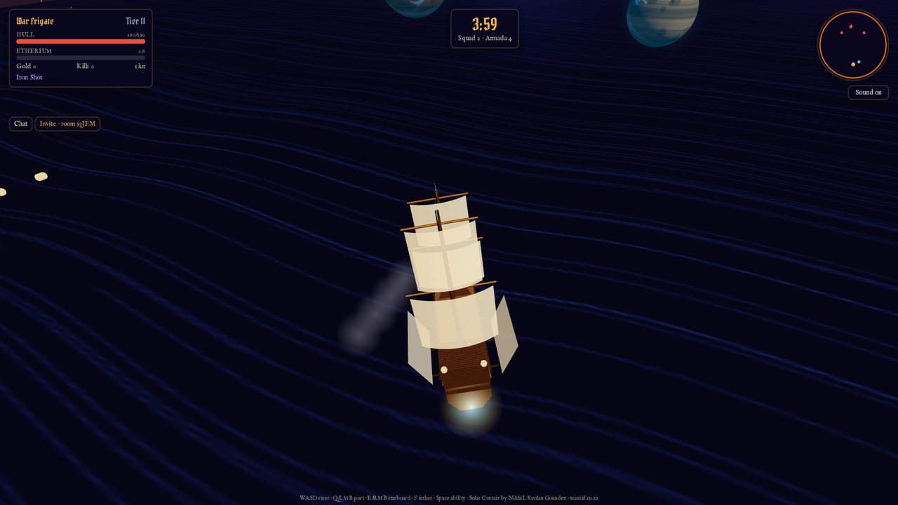 SOLAR CORSAIR: Etherium Seas gameplay – a War Frigate galleon sailing the glowing Etherium Sea with planets on the horizon