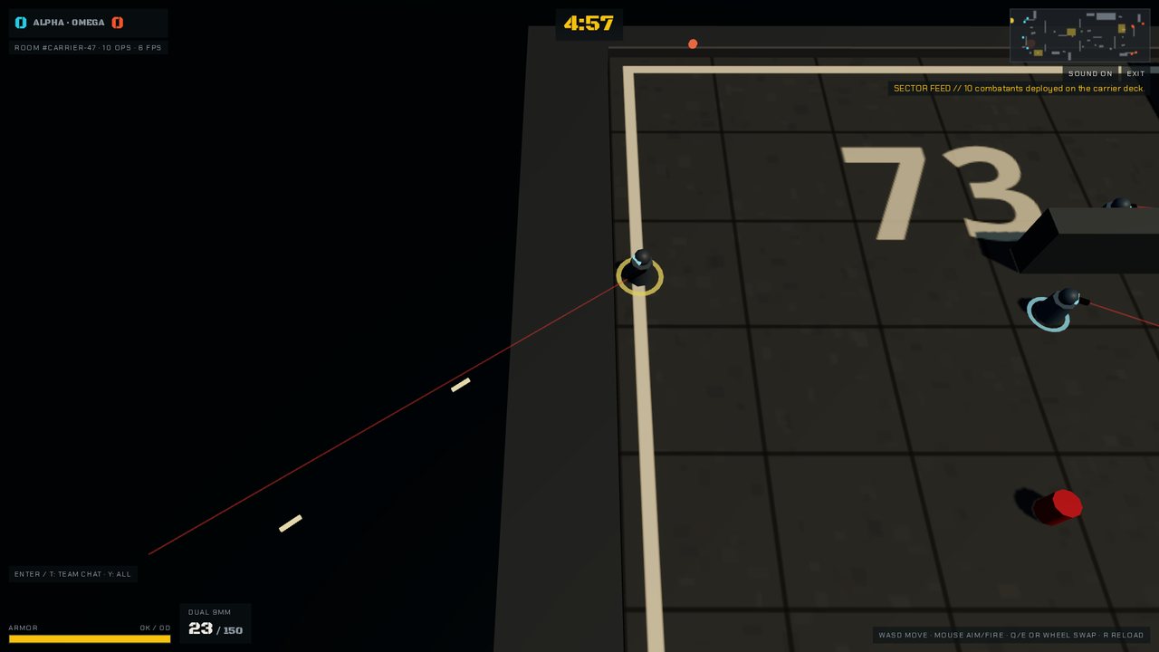 WARSHIP: ZERO gameplay – top-down firefight on aircraft carrier Hull 73 flight deck with laser sights